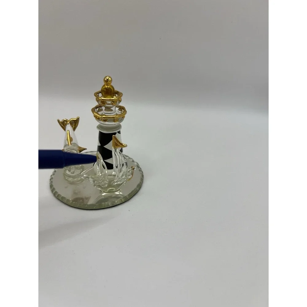VINTAGE MIRRORED‎ GLASS LIGHTHOUSE DOLPHIN SAILBOAT GOLD TRIM
